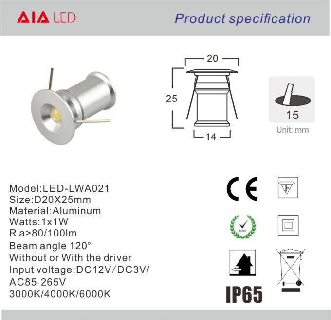 D20xH25mm Recessed mounted high quality 1X1W round led spot light 1W for ceiling use