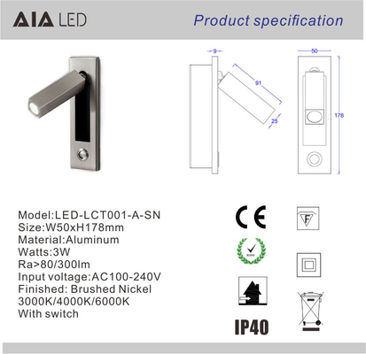 Recessed flexible angle led reading wall light 3W led bedside wall light led reading lamp supplier