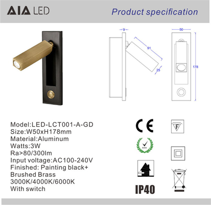 Embedded mounted european quality led reading book wall light 3W led wall lamp led bed wall light for hotel project supplier