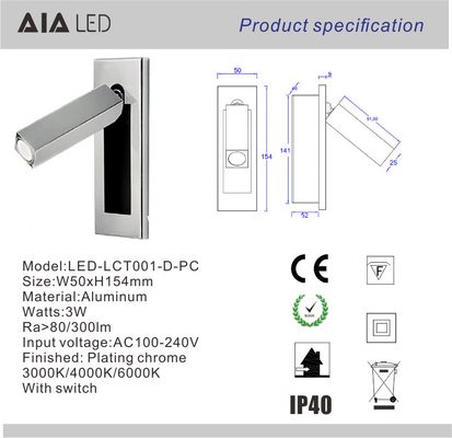 Rotating embed mounted finish led headboard reading wall light 3W bedside book wall light for hotel room supplier