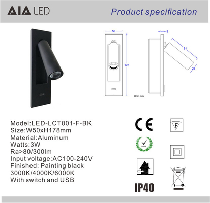 3W interior USB led bed reading lamp headboard wall light reading wall lamp for hotel projects supplier