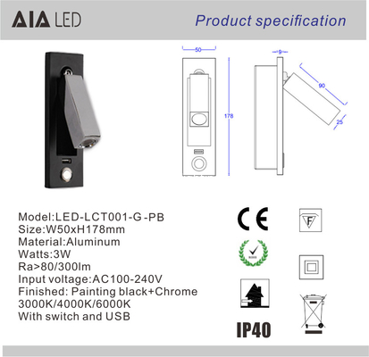 Foldable recessed mounted USB Switch 3W interior bedside wall lamp headboard led reading light supplier