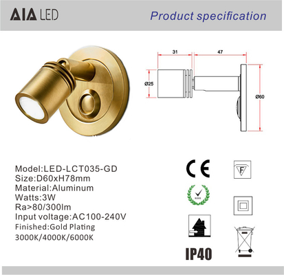 plating brass bedside led wall light 3W headboard led reading wall light led wall lamp for bedroom supplier