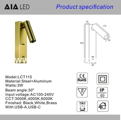 Reading wall lighting bedside led wall lamp double USB-A type-C for villa hotel headboard wall light bracket light supplier