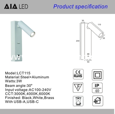 Reading wall lighting bedside led wall lamp double USB-A type-C for villa hotel headboard wall light bracket light supplier