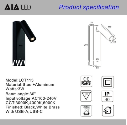 Reading wall lighting bedside led wall lamp double USB-A type-C for villa hotel headboard wall light bracket light supplier