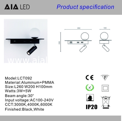 USB led reading light 3W beadboard wall lighting led bed lamp headboard acrylic ball light bedside wall lamp background supplier