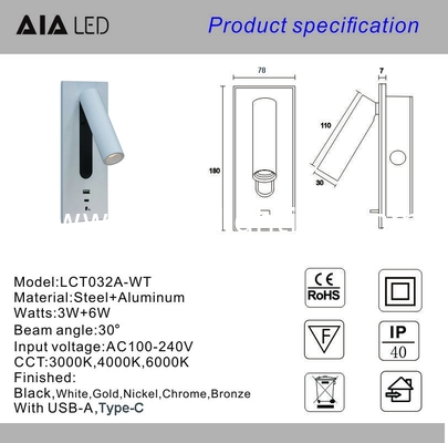 Adjustable recessed flexible LED headboard reading lamp USB aluminum hotel villa bedside wall light bed wall lighting supplier