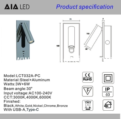 Adjustable recessed flexible LED headboard reading lamp USB aluminum hotel villa bedside wall light bed wall lighting supplier