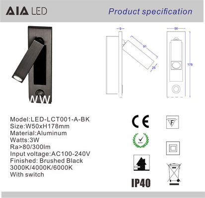 Recessed mounted bedside reading light led reading wall light 3W rotate bedroom headboard wall light for hotel supplier