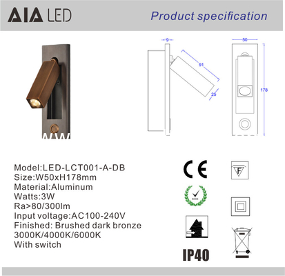 Recessed mounted bedside reading light led reading wall light 3W rotate bedroom headboard wall light for hotel supplier