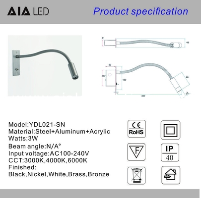 Good quality recessed mounted 3W reading wall lamp hotel led flexible arm bedside reading light for house decoration supplier