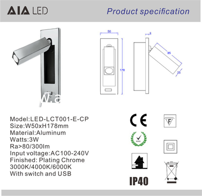 Hotel flat 2.1A 5V USB reading light flexible bedside wall lamp hotel bed headboard study bed wall light bedroom supplier