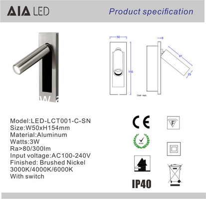 Recessed mounted any finish reading wall light 3W led wall lamp led reading bedside lights supplier