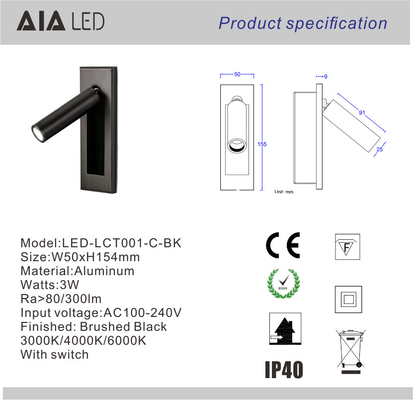 Recessed mounted any finish reading wall light 3W led wall lamp led reading bedside lights supplier