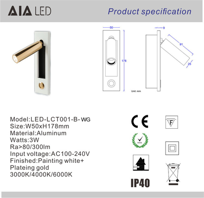 Contemporary embedded mounted Gold Brushed led wall lamps 3W led wall light led reading bedside wall light supplier