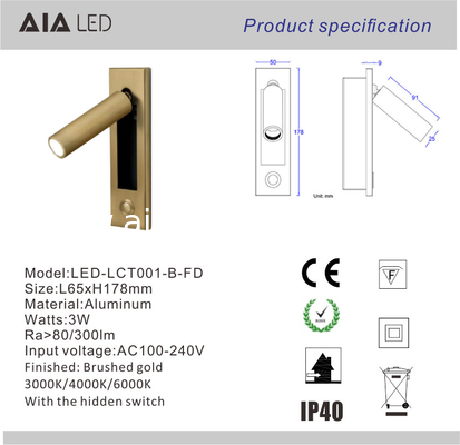 Contemporary embedded mounted Gold Brushed led wall lamps 3W led wall light led reading bedside wall light supplier