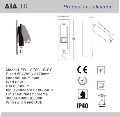 impaction hotel wall light with usb port 3W usb book lighting rechargeable headboard led bed wall light supplier