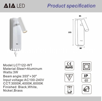 Adjustable cylinder bed reading wall lamp bedside light USB flexible headboard spot light for hotel villa project supplier