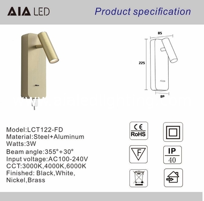 Adjustable cylinder bed reading wall lamp bedside light USB flexible headboard spot light for hotel villa project supplier