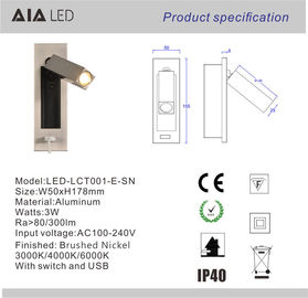 IP20 adjustable 3W usb LED bedroom wall lamp/indoor led headboard wall light wall reading light for hotel supplier