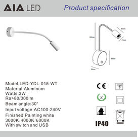 IP40 wall mounted bedside wall light USB 3W hotel &amp;flexible snake led reading light for villa decoration supplier