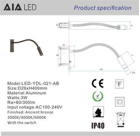 Good quality recessed mounted 3W reading wall lamp hotel led flexible arm bedside reading light for house decoration supplier