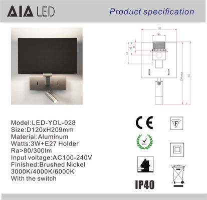 Recessed mounted fabric shade E27 square switch led reading wall light 3W led bedside wall lamps for villa projects supplier