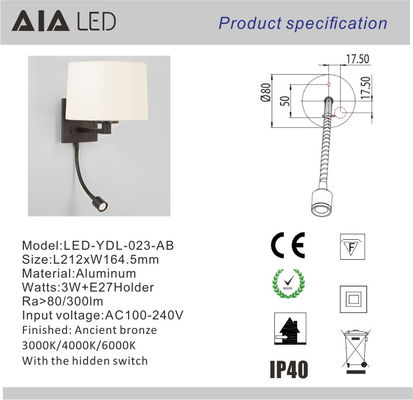 Surface mounted flexible led headboard wall lamps 3W led reading wall lamps for hotel projects supplier