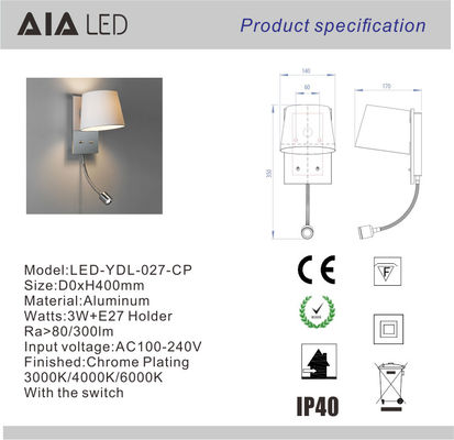 Recessed mounted fabric shade E27 led reading wall light 3W led bedside wall lamp for villa projects supplier