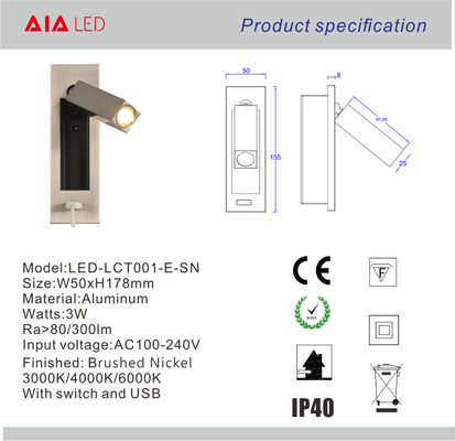 Adjustable interior switch usb LED bedroom wall light/led headboard wall light for villa supplier